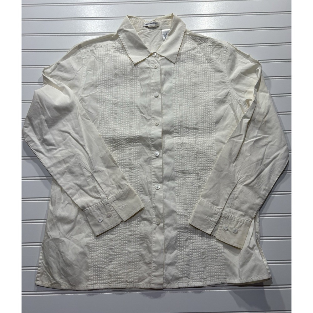 Laura Ashley Womens 8 Ivory Pintuck Button Down Blouse Long Sleeve 100% Cotton